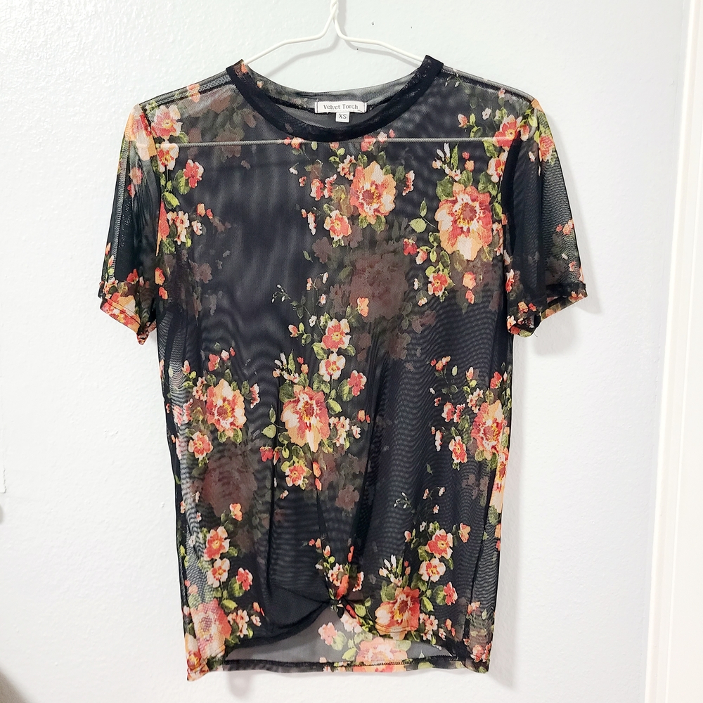 Floral Mesh Top - Black and Red